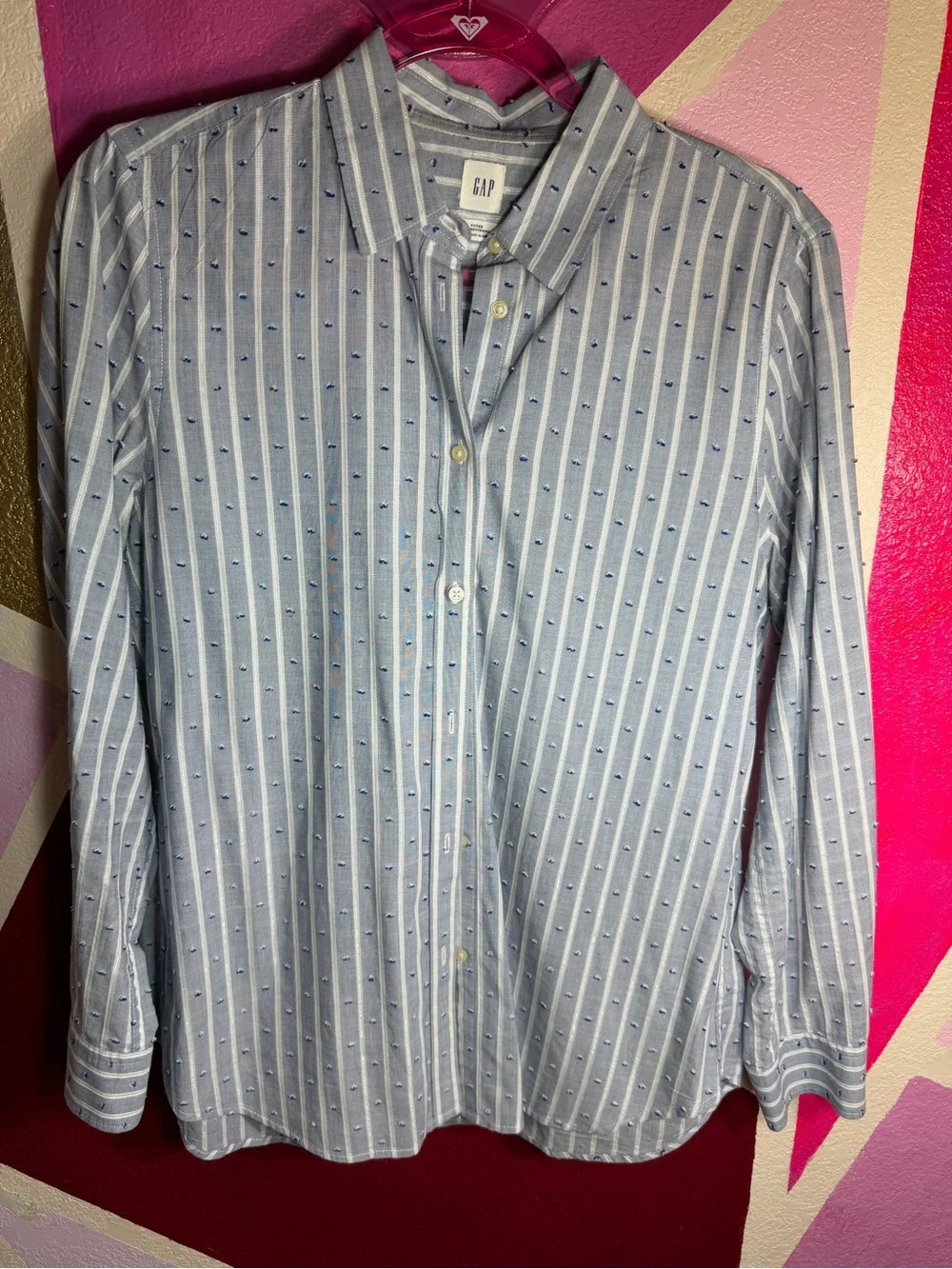 Gap Fitted Boyfriend Shirt Sz M Blue Striped Dobby Dot Button Up